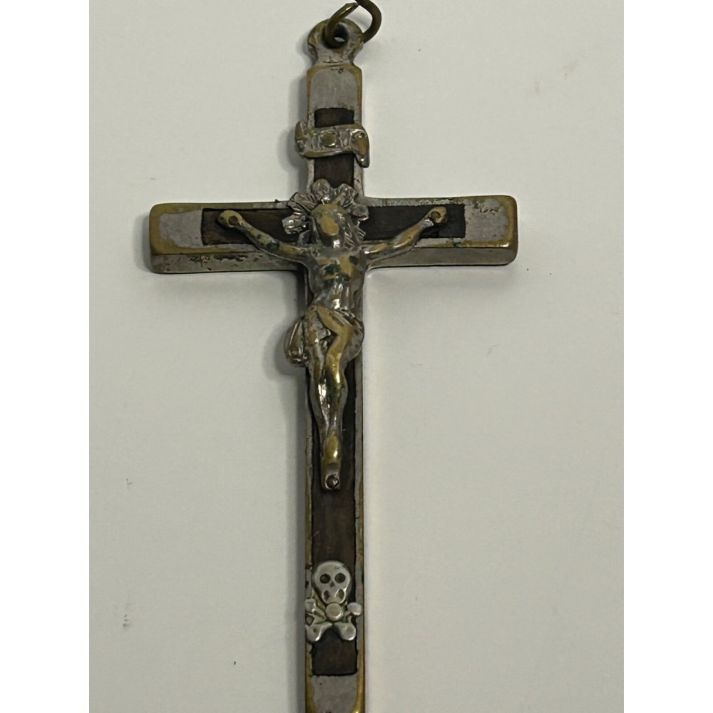 Antique Nuns Habit Pectoral CRUCIFIX W/ SKULL & CROSSBONES Cross 4"